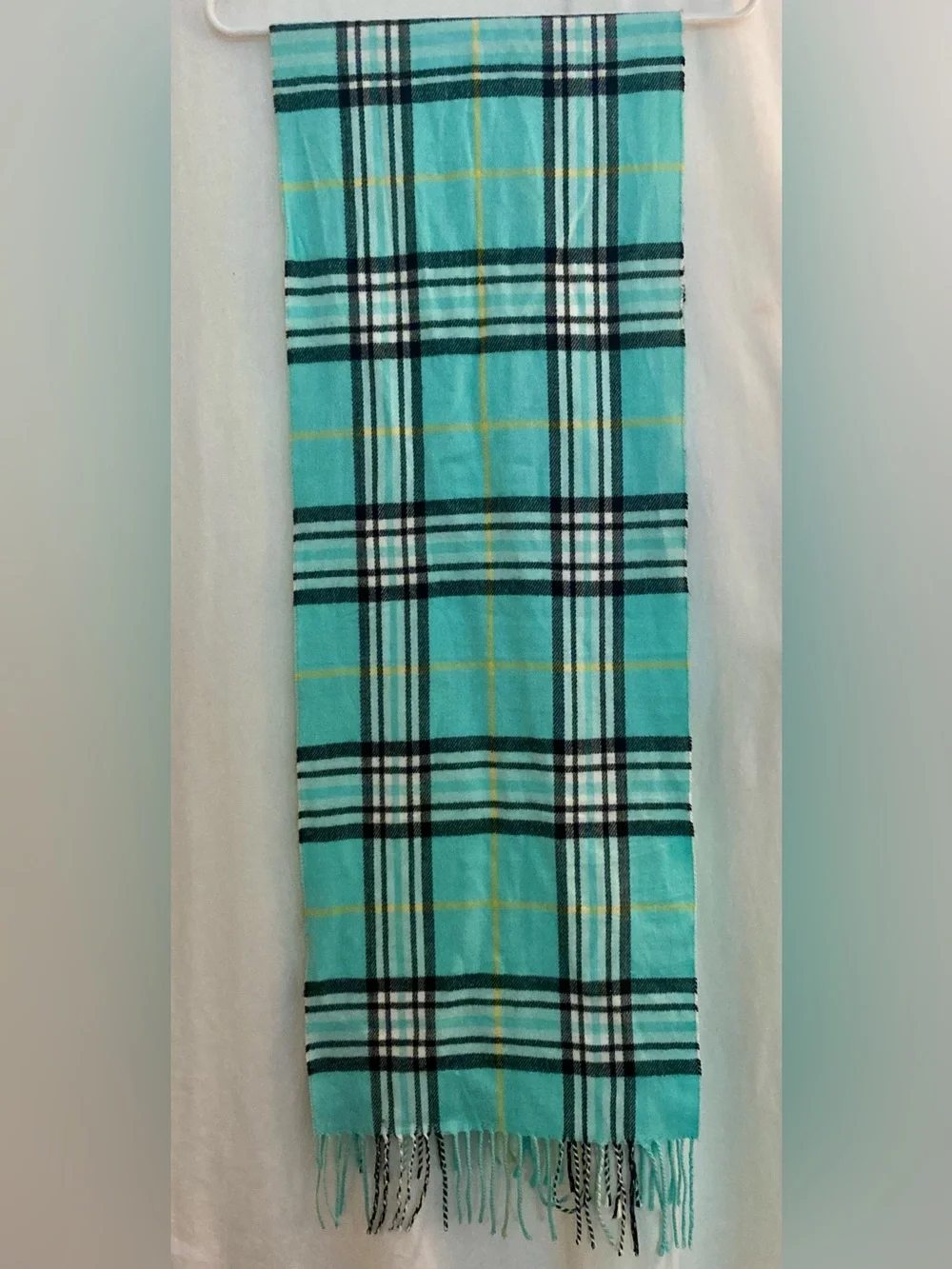 Turquoise Cashmere Feel Plaid Scarf with Fringe Size 76”x13”